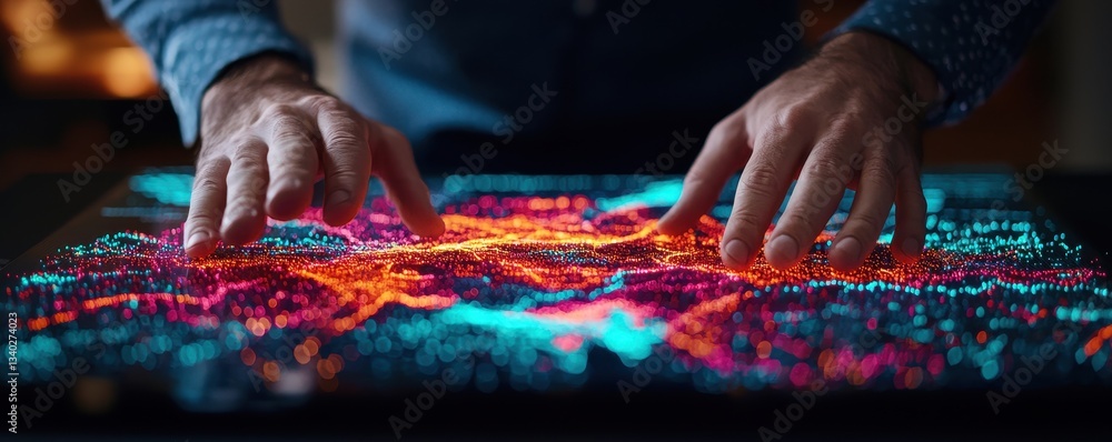 Poster a person interacts with a bright, colorful digital interface, showcasing data visualization through 