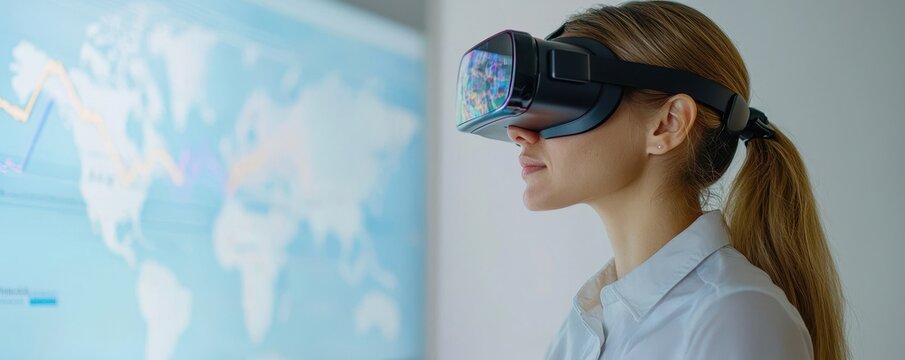 A woman wearing virtual reality goggles, engaged with a digital interface displaying a world map and data analytics.