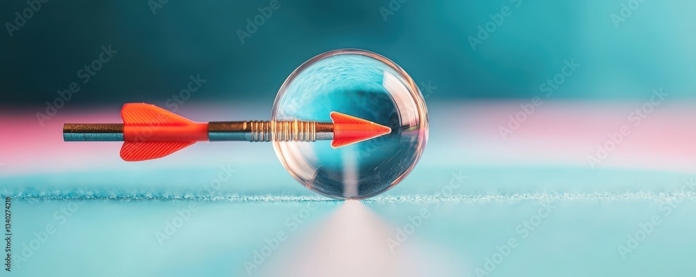Poster a sharp arrow piercing through a glass sphere, creating a striking visual contrast against a colorfu