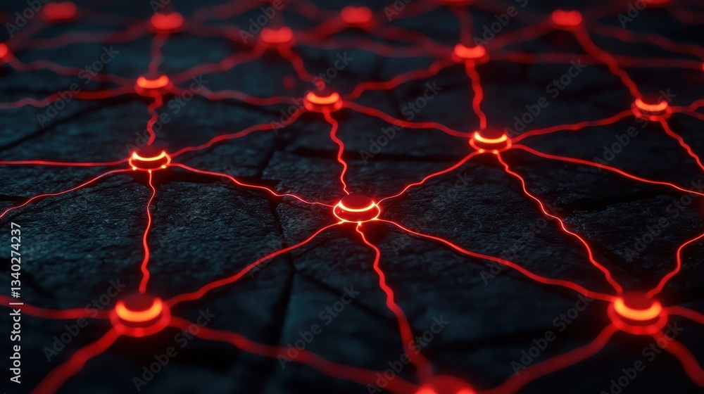 Poster a close-up view of interconnected red nodes and lines on a dark surface, representing a digital netw