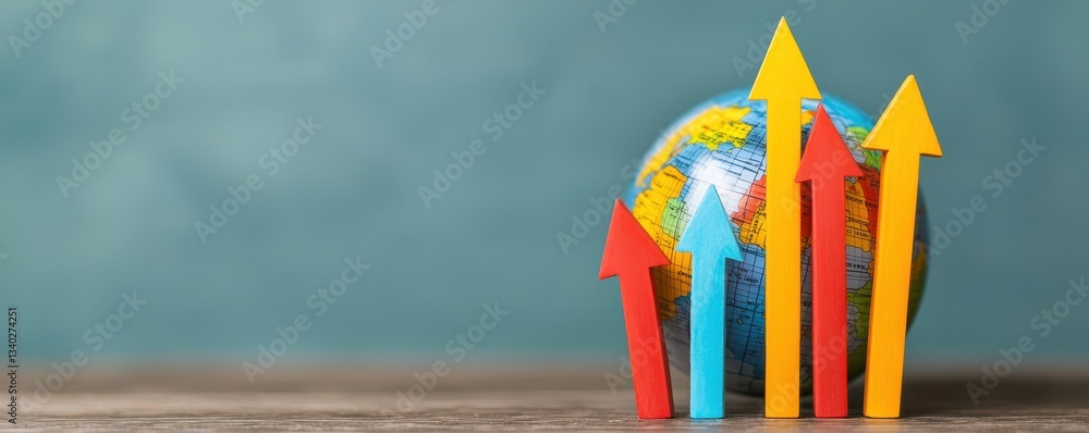 Poster a globe with colorful arrows pointing upwards, symbolizing growth and progress in a global context.
