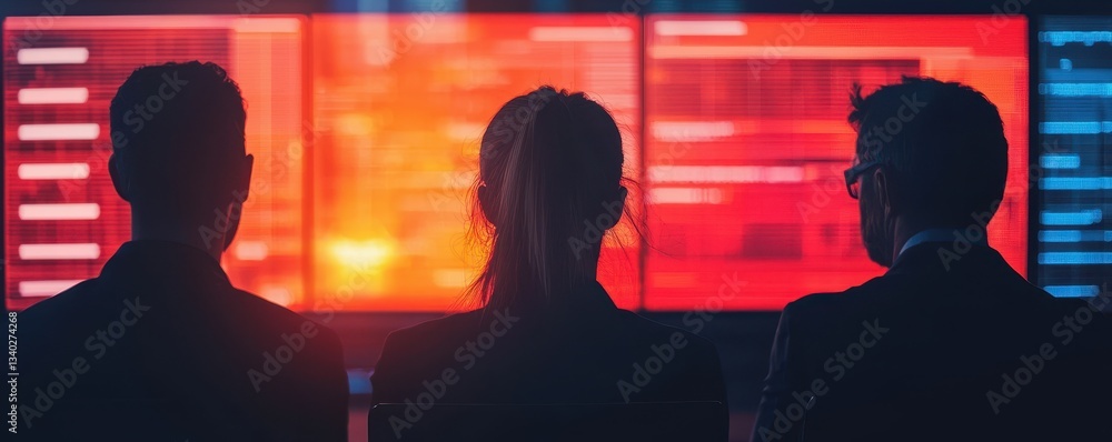 Aufkleber three individuals observe vibrant red screens, suggesting a high-tech environment focused on data an