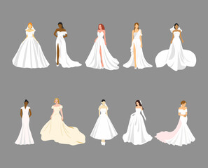 A stunning collection of bride character illustrations, featuring white elegant wedding gown models, for wedding invitations, bridal fashion designs, and celebration visuals.