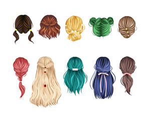 A stylish collection of female back-view hairstyle illustrations, featuring various hair colors and elegant styles. For beauty designs, hair salon branding, and digital avatars.