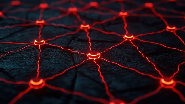 A close-up view of interconnected red nodes and lines on a dark surface, representing a digital network or neural connections.