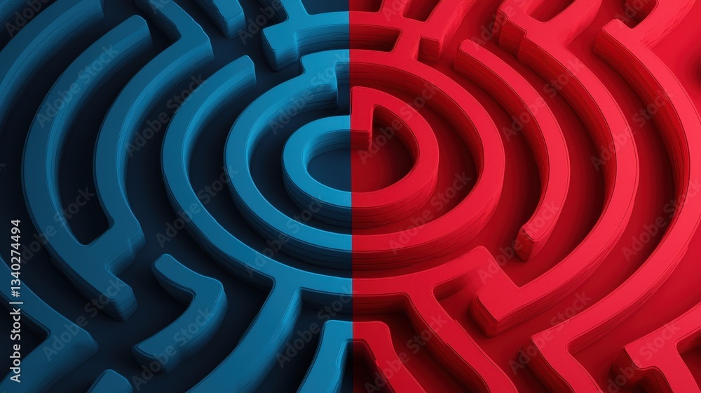 Poster a visually striking image depicting a symmetrical maze design split into blue and red halves, showca