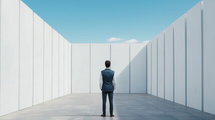 Fototapeta premium A professional figure stands alone in a minimalist, enclosed space, gazing at the clear sky, symbolizing contemplation and introspection.