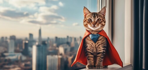 Obraz premium A cat wearing a tiny superhero cape, standing proudly on a windowsill as if watching over the city.