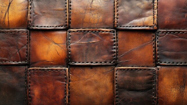 Aged brown leather patchwork squares stitched together.
