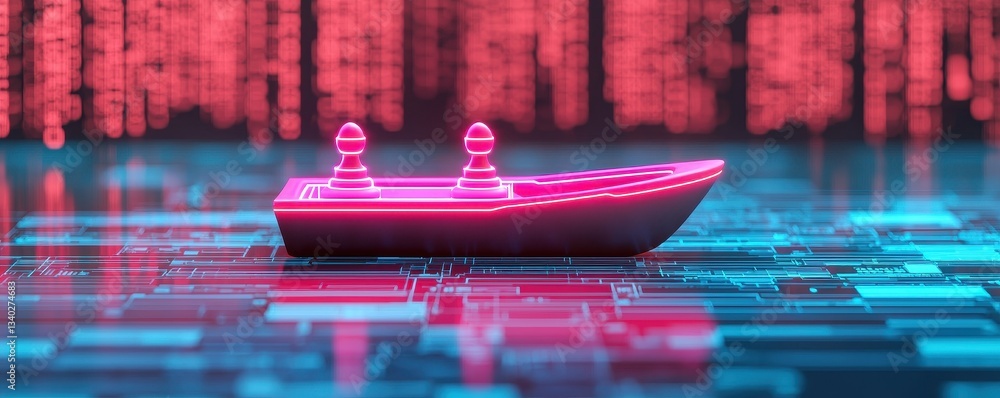 Poster a futuristic neon boat floats on a digital landscape, with a backdrop of glowing binary code, mergin