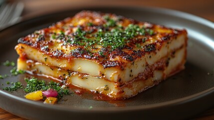 Delicious baked lasagna on a dark plate, garnished with parsley.