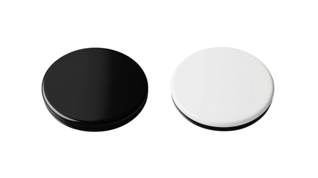 black white round fridge magnet mockup on transparent background