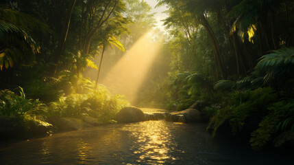 Majestic Green Forest: Sunlight Breaking Through the Trees