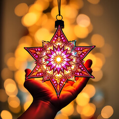 dazzling, illuminated star-shaped ornament with intricate textures, glowing in vibrant multicolored lights