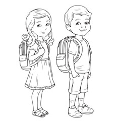 Cute School Kids Line Art – Boy & Girl with Backpacks | Black & White Outline Drawing