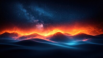 Naklejka premium Fiery mountains under a vibrant night sky, glowing with celestial energy.
