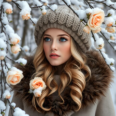 young woman with soft, golden curls, wearing a cozy winter hat and a fur-lined coat, gazes into the distance