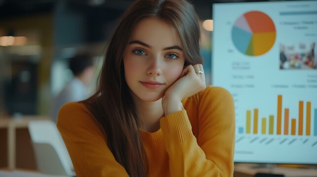 A young female startup owner examining Easter sales charts with a focused expression