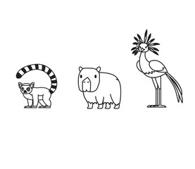 Lemur Capybara Secretarybird Cartoon Minimal Doodle Cute Character