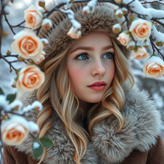 young woman with soft, golden curls, wearing a cozy winter hat and a fur-lined coat, gazes into the distance