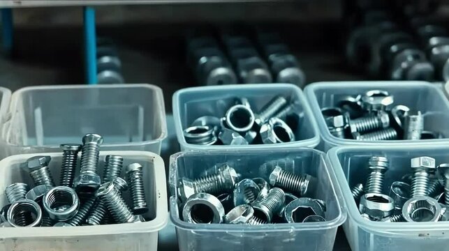 Assorted metal fasteners in transparent containers.