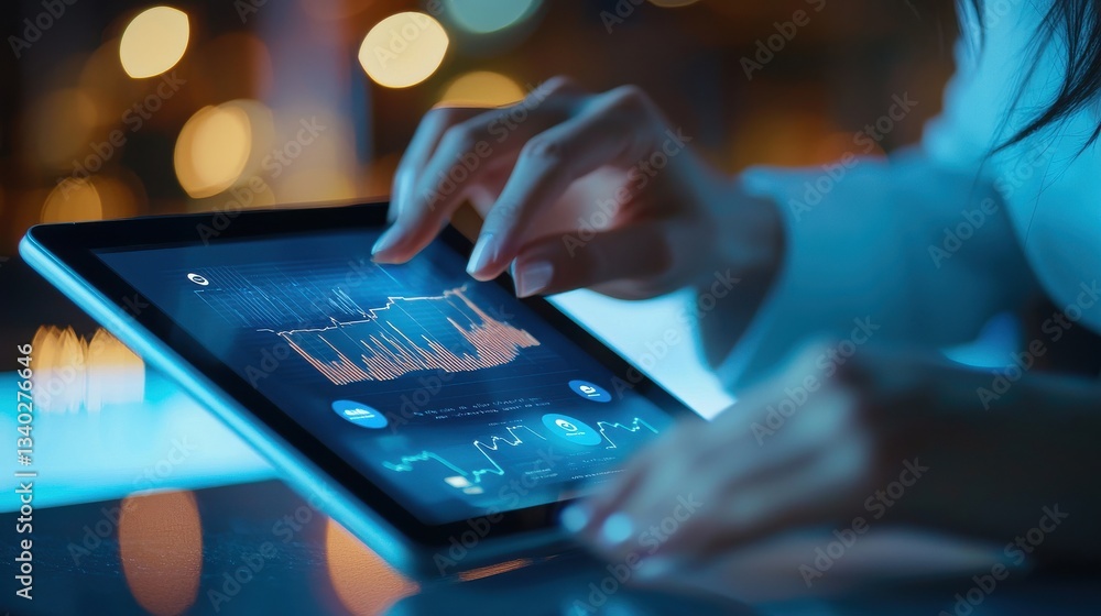 Poster person using tablet to analyze financial data with graphs and charts