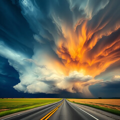 dramatic supercell storm with swirling. A rural road stretches into the horizon beneath the ominous sky, capturing the raw power and beauty of nature