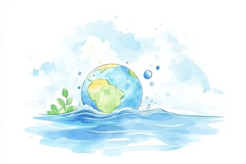 A watercolor illustration of Earth partially submerged in water, surrounded by bubbles and greenery, symbolizing the balance of nature and the planet's fragility.