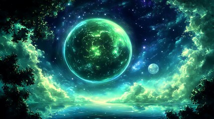 Obraz premium A vibrant green planet surrounded by a starry night sky