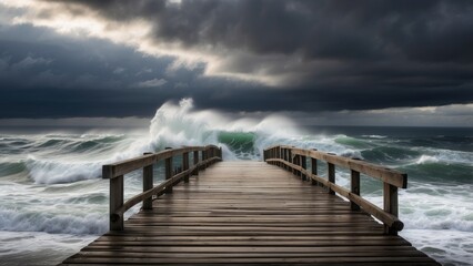 Obraz premium A weathered wooden pier extends across the foreground,