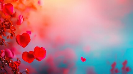 Soft, colorful hearts drift through a lush backdrop of rich hues, evoking feelings of love and tranquility in a whimsical setting