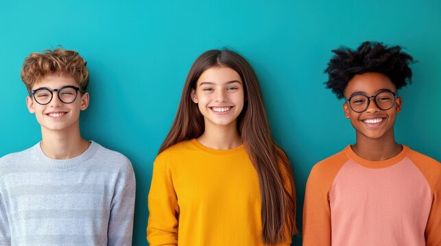 Happy Diverse Teens Smiling Against Vibrant Turquoise Background
