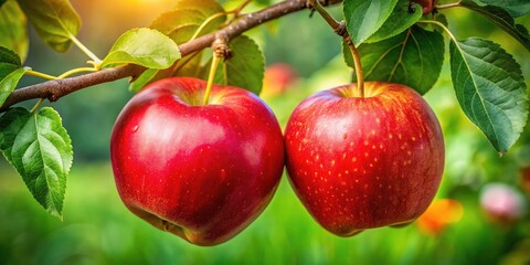 Obraz premium Juicy Red Apples Hanging on Branch - Candid Photography, Nature, Fruit, Autumn, Closeup, Macro, Apple Orchard, Farm Fresh, Organic Apples, Red Apple Branch