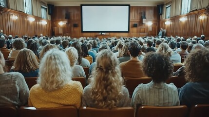 Large audience watching presentation in auditorium.
