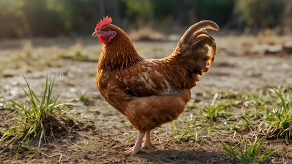 Full body of brown chicken hen standing isolated background, Rooster standing on a farm with green grass