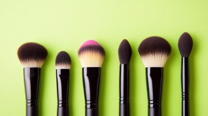 A collection of makeup brushes is lined up on a vibrant green background, highlighting various styles used in beauty routines and applications
