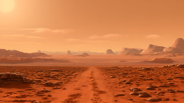 Majestic desert panorama showcasing the rugged terrain and unique features of elysium planitia with a vast expanse of orange and red sands.