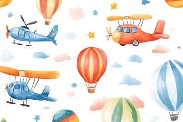 Colorful illustration featuring various aircraft and hot air balloons against a whimsical cloud background.