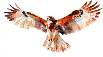 Watercolor painting of a hawk with wings spread widely