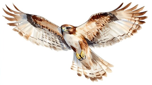 Watercolor painting showcases a red tailed hawk soaring with spread wings