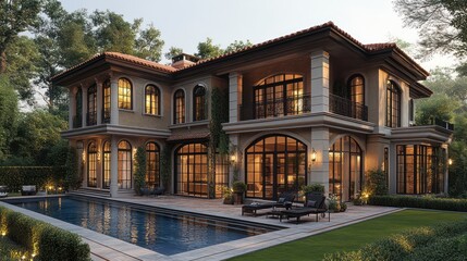Fototapeta premium Luxurious Mediterranean-style villa with pool at dusk.