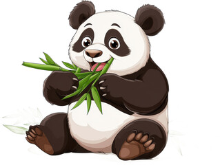 Obraz premium Cartoon panda sitting and eating bamboo shoots with a happy expression on Isolated on white transparent background