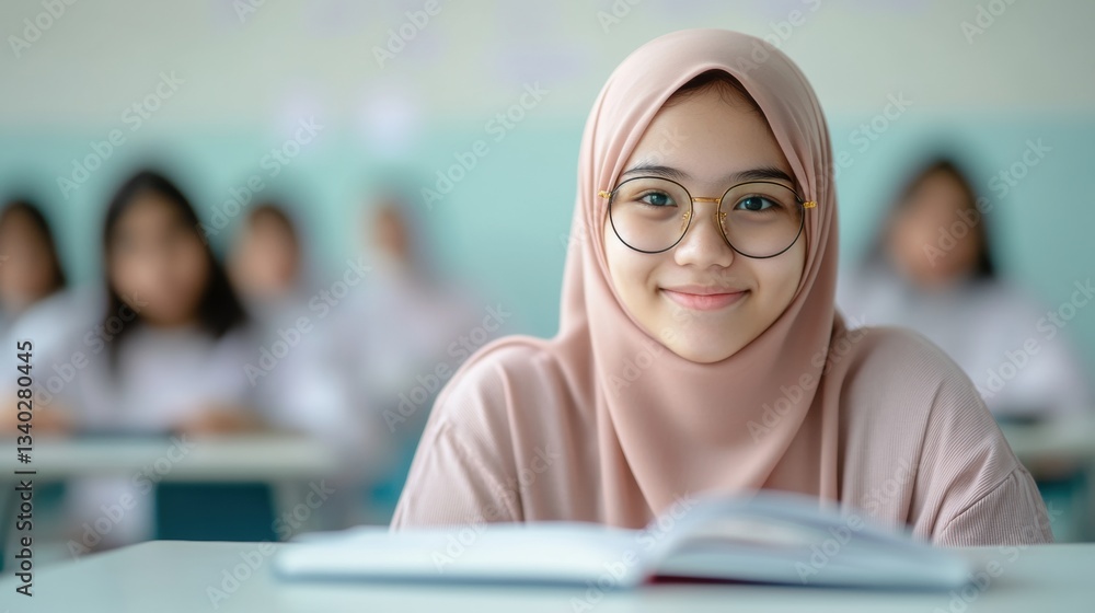 Poster a happy student wearing a hijab sits at a desk with an open book, focused on learning in a bright cl