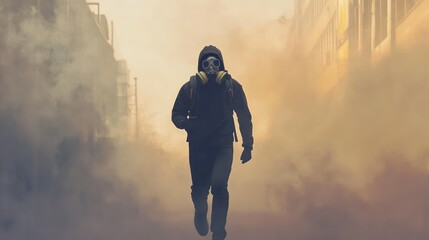 A jogger struggling through a dense fog of smog in a bustling city, wearing a gas mask as a last resort against the harmful air