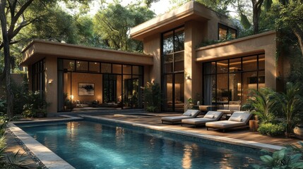 Fototapeta premium Modern luxury villa with infinity pool, surrounded by lush greenery.