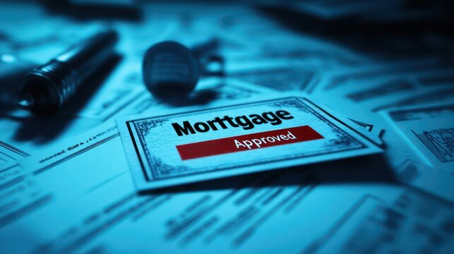 A large "Mortgage Approved" stamp boldly displayed over a pile of loan application documents, symbolizing a significant milestone in the approval process