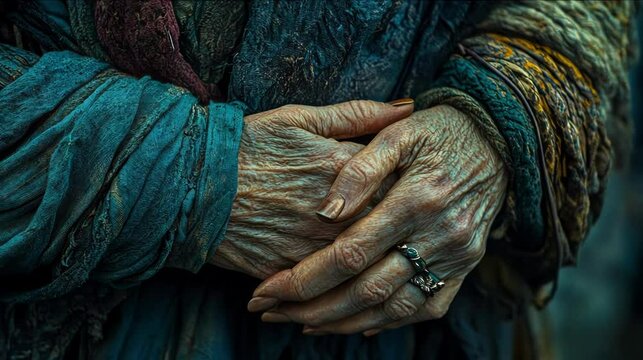 Close-up of aged hands with texture and jewelry.