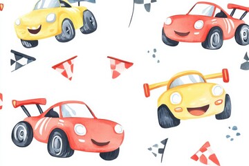 A playful pattern featuring colorful cartoon cars in red and yellow, with smiling faces and racing flags, perfect for children's decor or clothing.