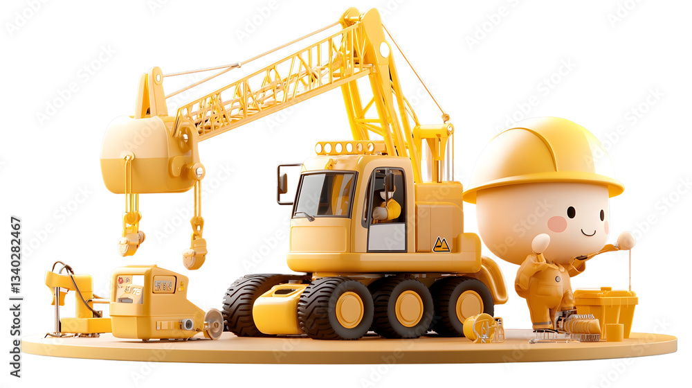 Poster stylized 3d cartoon icon of a yellow construction crane with metallic textures and geometric shapes 