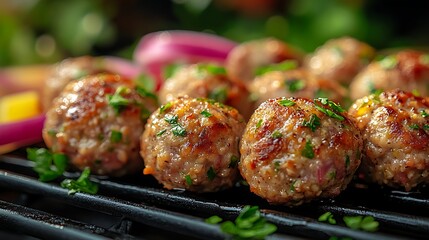 Grilled meatballs with herbs on a barbecue grill.